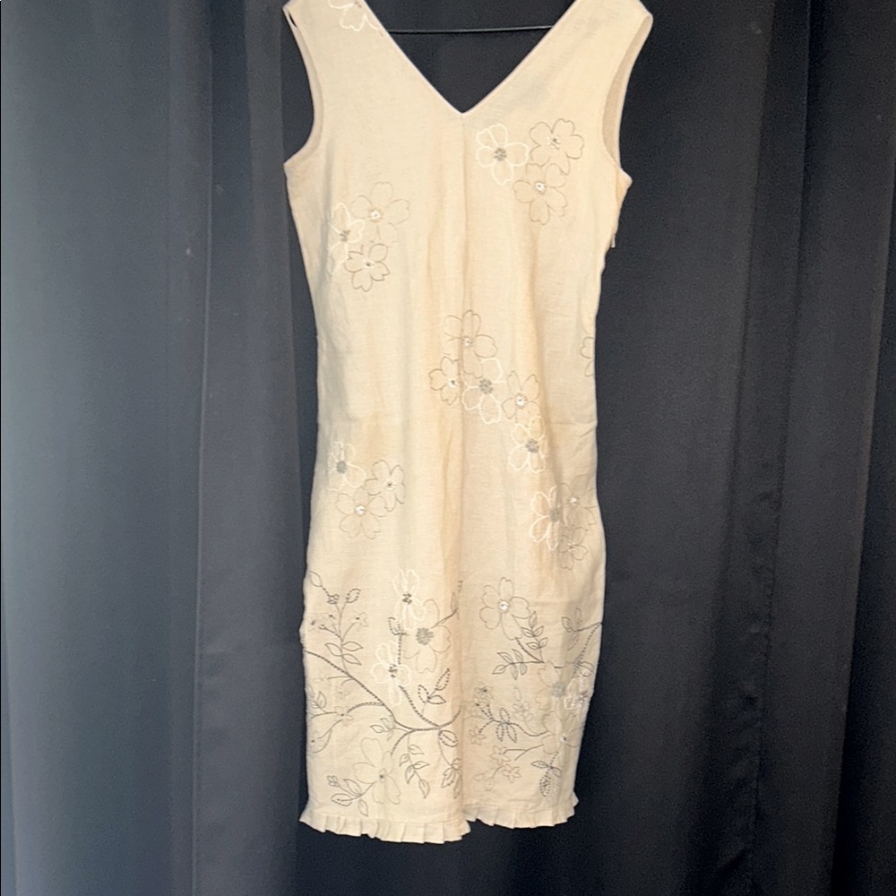 Willi Smith Vintage Linen Cream Sheath Midi
 Dress V-Neck Sleeveless